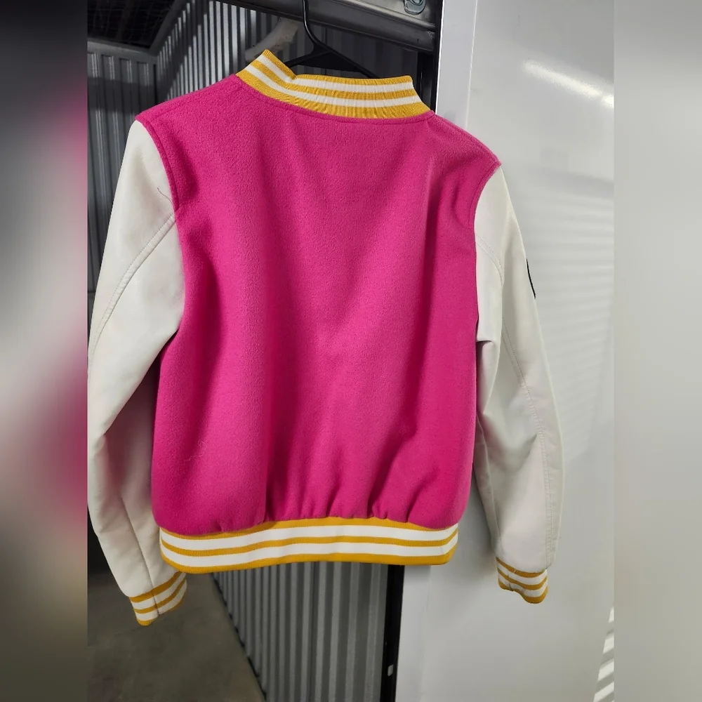 Daisy Hot Pink and White Varsity Jacket with Yellow Details - Picture 4 of 5